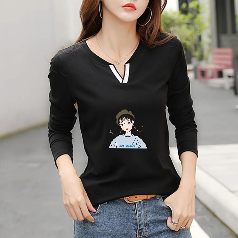 

2022 New V Neck 100% Cotton T Shirt Woman Autumn Fashion Long Sleeve Shirt Women's T-shirt Loose Korean Style Women Shirts #1022