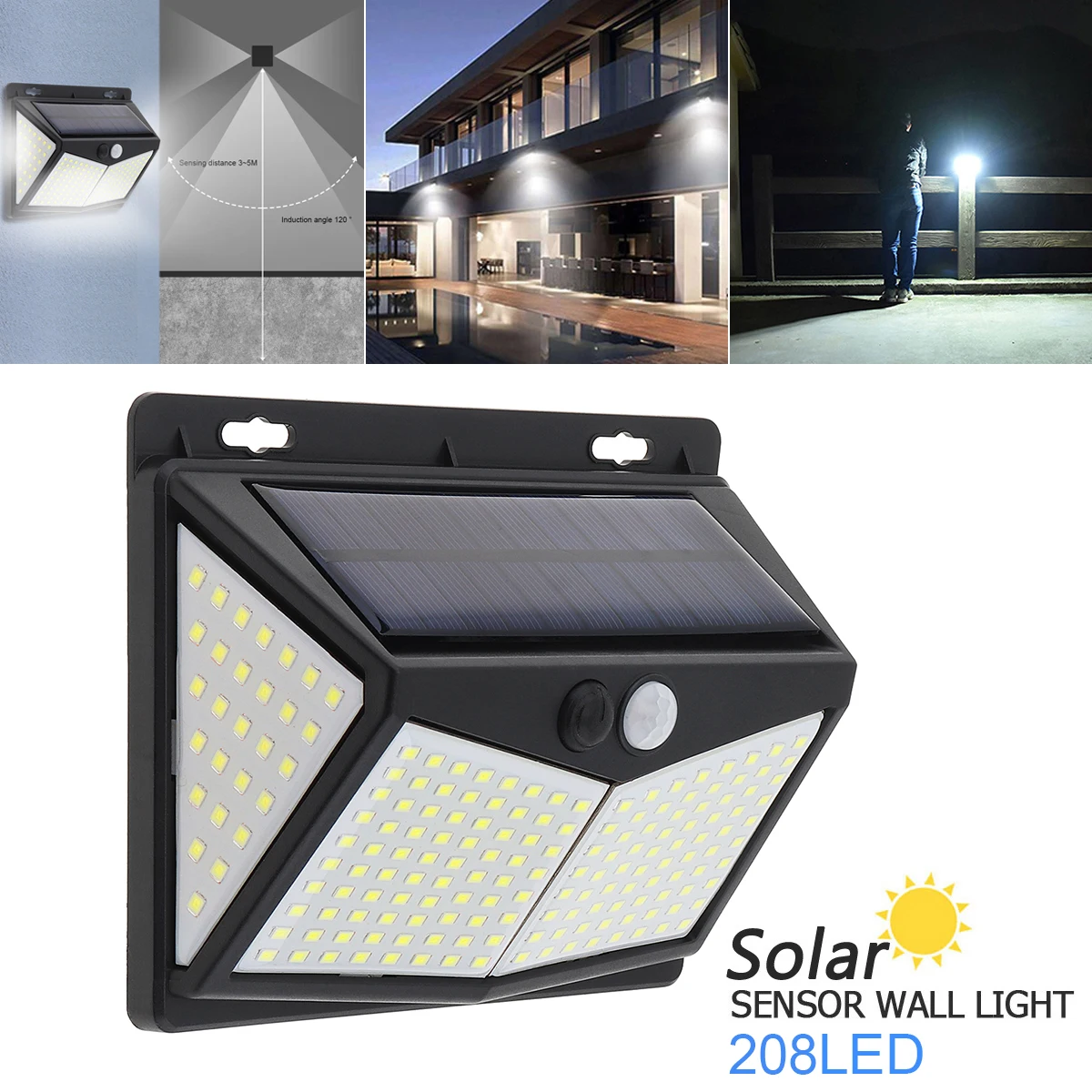 

208 фотолампа с питанием от солнечной энергии, внешний водонепроницаемый датчик движения PIR, фотолампа для сада, безопасности, настенная лампа