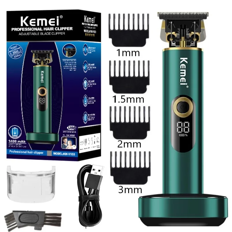 

Kemei T9 Professional Hair Trimmer Men T-Blade 0mm Zero Gapped Clipper Finish Hair Cutting Machine with Charging Base Lighter