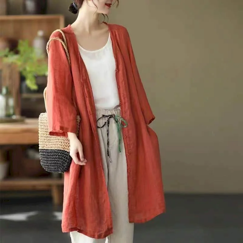 

100% Cotton Linen Shirts Fashion Women Blouse 2023 Mid Length Cardigan Summer New Vintage Loose Korean Style Women Office Tops
