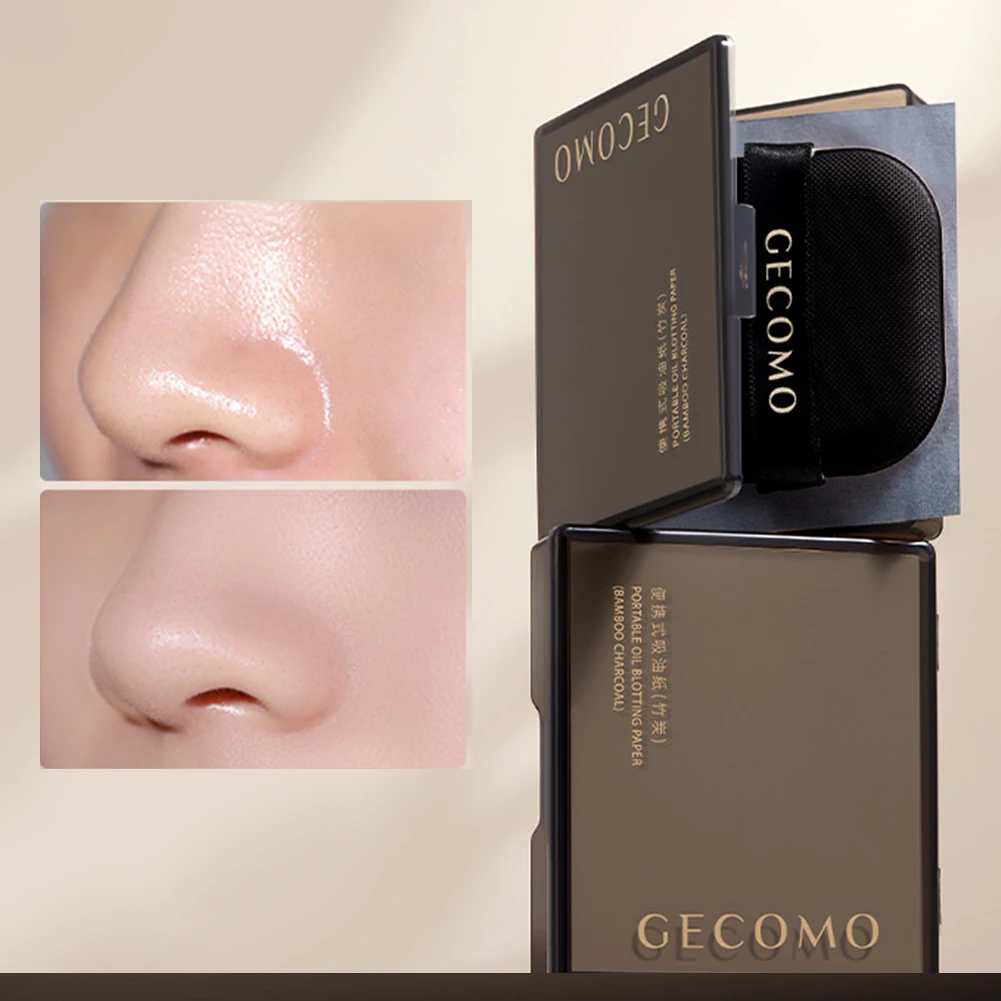 Oil Control Paper 100 Sheets Case & Powder Puff Face Blotting Paper Bamboo Charcoal Face Oil Blotting Sheets Men Women