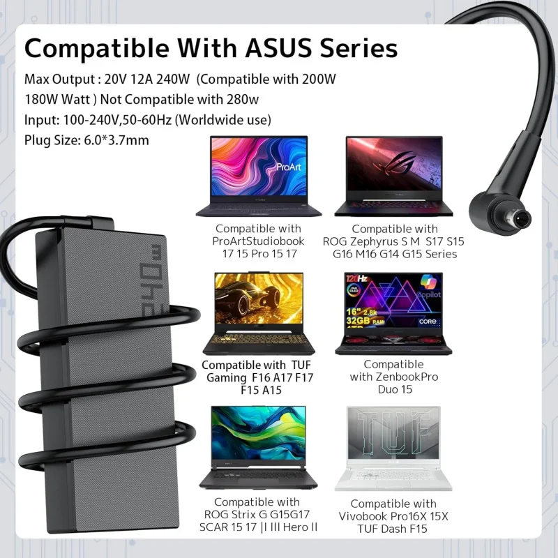 240W 20V 12A 노트북 전원 어댑터 (Asus Tuf Gaming F15 F17 A15 A17 Rog Strix G15 G17 Rog Zephyrus G14 G15 G16 M16 S15 S17용)