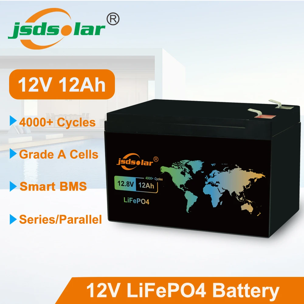 

Jsdsolar 12V 12Ah LiFePO4 Built-in BMS 4000+ Cycles Rechargeable Lithium Iron Phosphate Battery For Kid Scooter Electric Bike RV