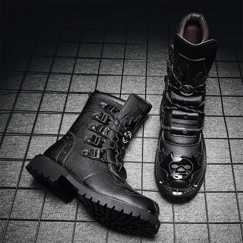 Black Leather Men's Platform Ankle Boots Square Toe Lace Up Shoes_voghion.com