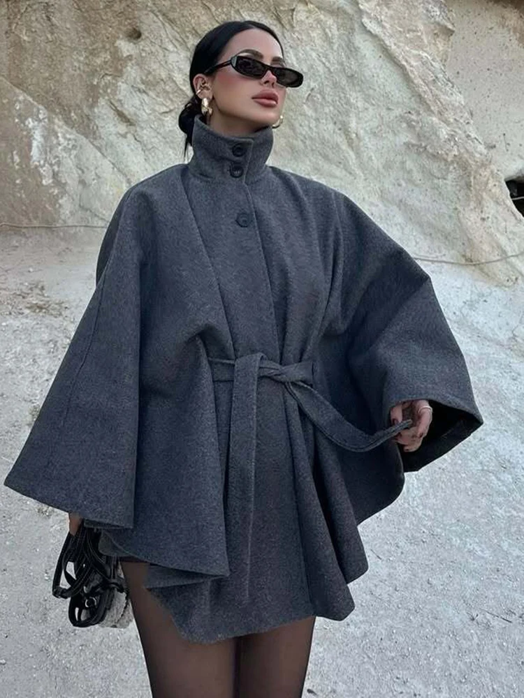 Casual Women Woolen Cloak Jacket Turtleneck Button Loose Female Cloak With Belt Autumn Winter New Fashion Warm Street Outwear