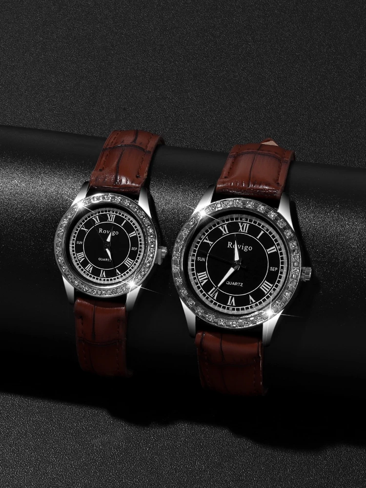 2pcs Business Trendy Diamond Round Dial Men's and Women's Quartz Watch Set Couple Watch Set