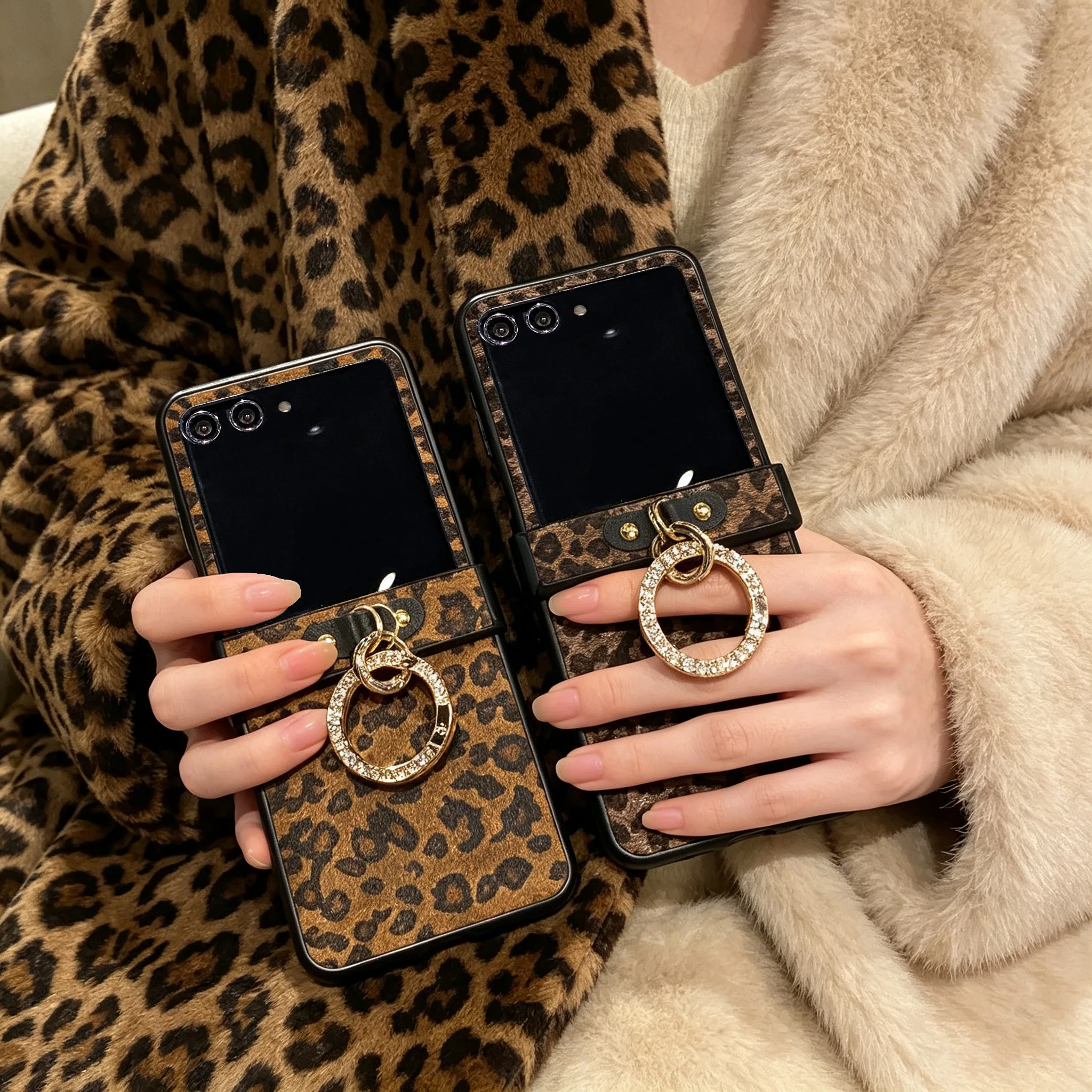 Luxury Leopard Print Plush Phone Case with Glitter Faux Diamond Ring Buckle