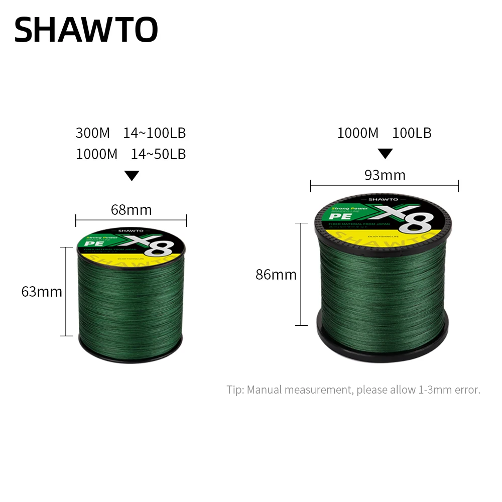 Shawto 8 Strand Japan Braided Line Multifilament Fishing Line 300M 1000M Carp Fishing Accessories 14-100LB Pe Line 8 Braid Wire 3