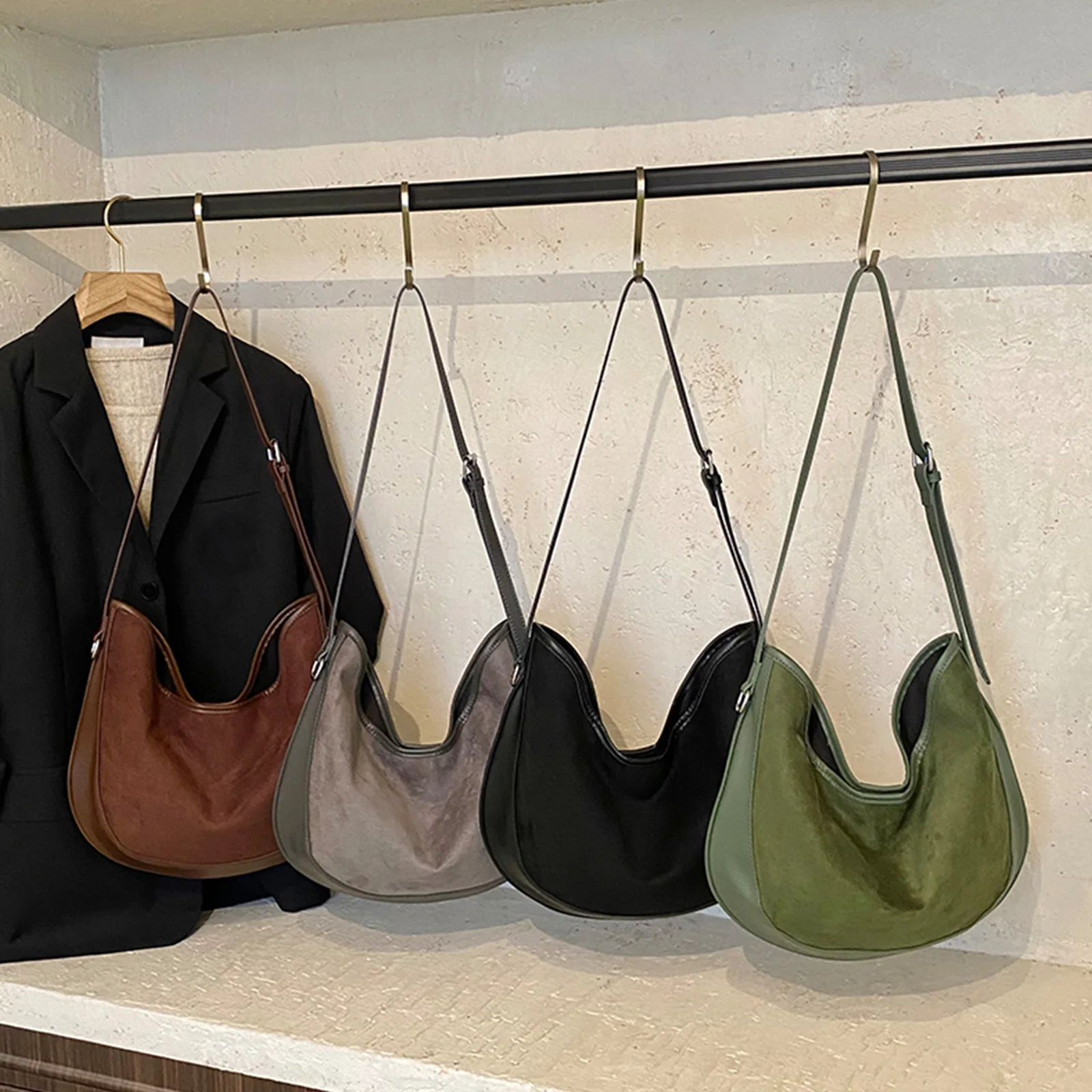 Crescent Bag Slouchy Tote Purses Solid Color PU Leather Slouchy Shoulder Bag for Women Work Shopping and Everyday Use