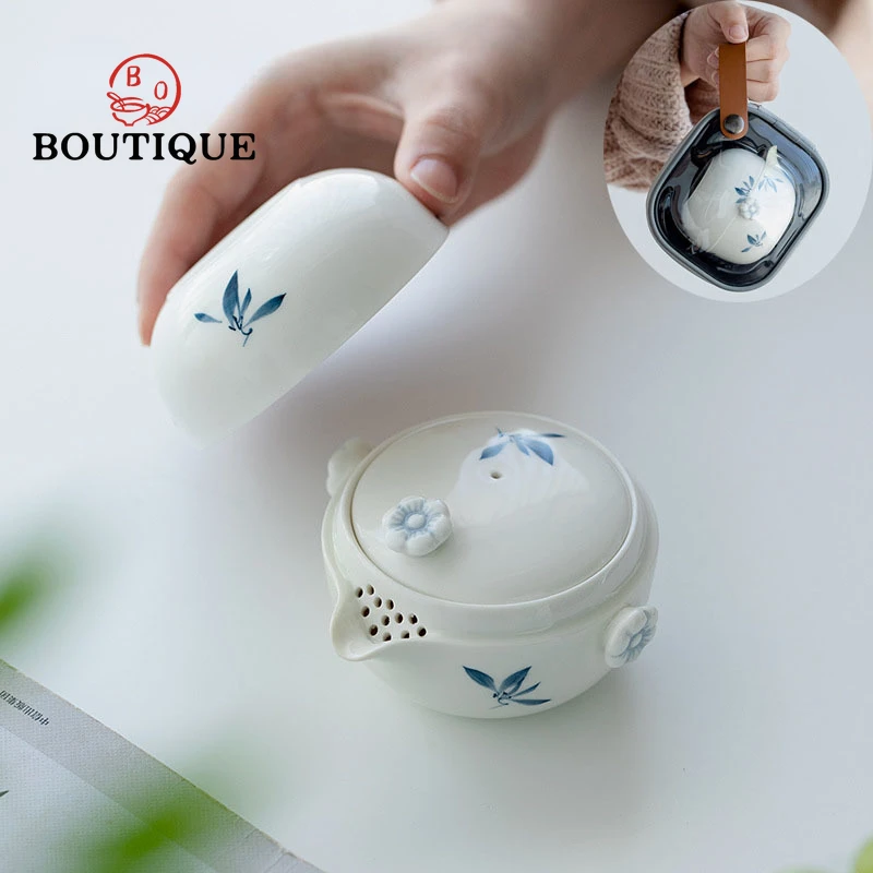 

Portable Tea Bag Camping Kung Fu Teaware Pure Hand-painted Butterfly Orchid Outdoor Travel Teaset Express Cup 1 Pot 1 Cup Gifts