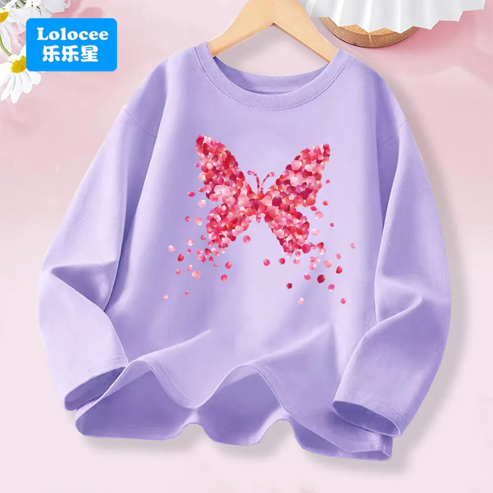 Pink Flower Butterfly Graphic Long Sleeve Girls' Fashion Tee