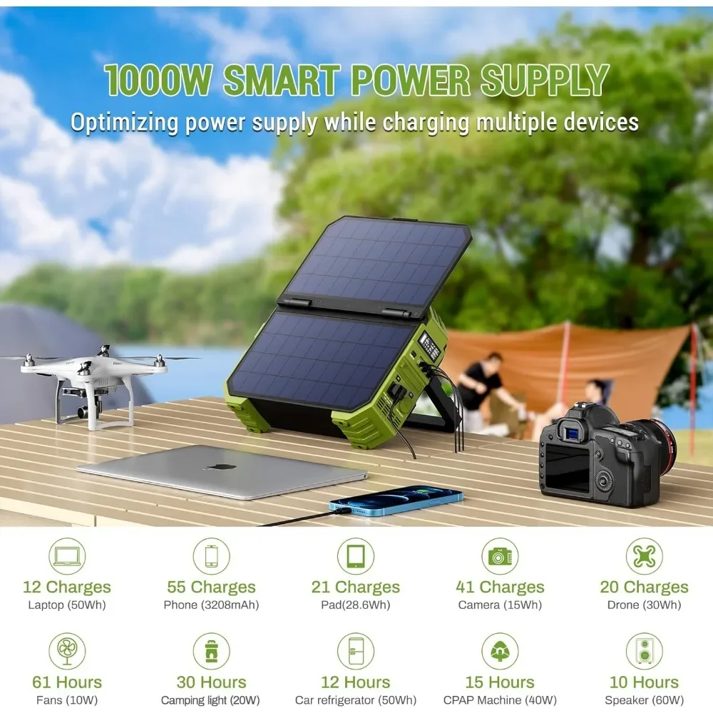 Portable Power Station 1000W with Built-in Solar Panel, 614WH/192000mAh LiFePO4 Battery Pack, Solar Generator 5