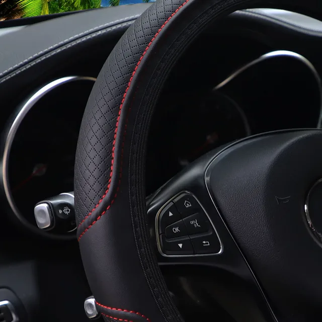 PU Leather Embossed Steering Wheel Cover 14.5-15 Inch round Rimless Design for All Seasons Men Women Cars 1