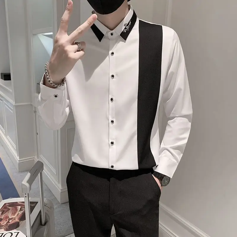 

Fashion Button Spliced All-match Embroidery Shirts Men's Clothing 2023 Spring New Loose Casual Tops Long Sleeve Korean Shirt