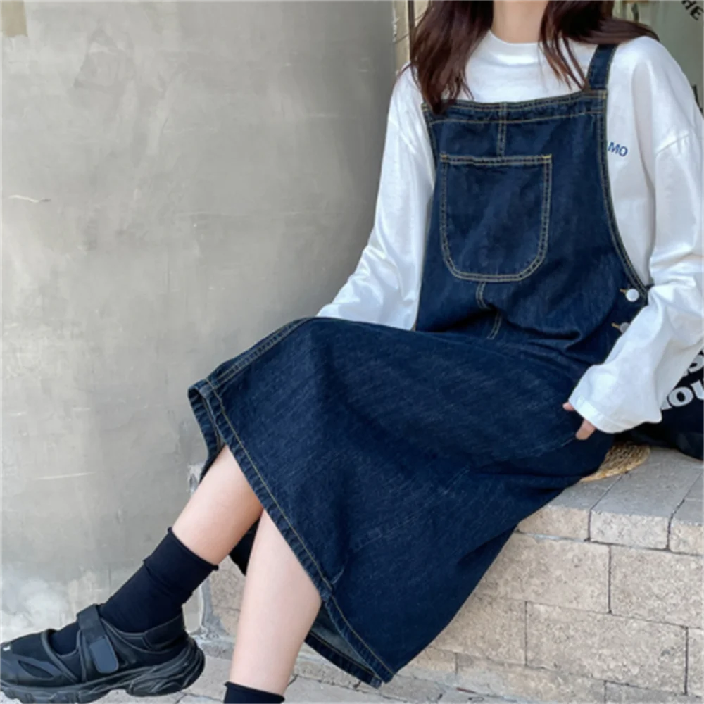 

Vintage dark blue denim strap dress pocket loose slim long dress women vestido midi elegante