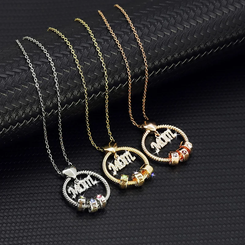 Diamond MOM Round Threaded Necklace for Women Custom Name and Birthstone Beaded Pendant 6 Names Copper Necklaces Family Gifts