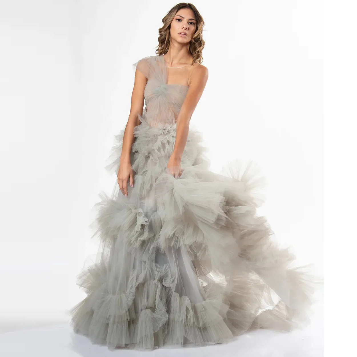 

Fairy Ruffles Tulle Long Prom Party Dresses Gray One Shoulder See Thru Tiered Evening Formal Dress with Liner فستان سهرة 2023