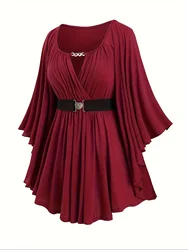 Chic Oversized Irregular Hem Solid Color Women's Top with Heart Detail for Autumn/Winter Fashion (Red)