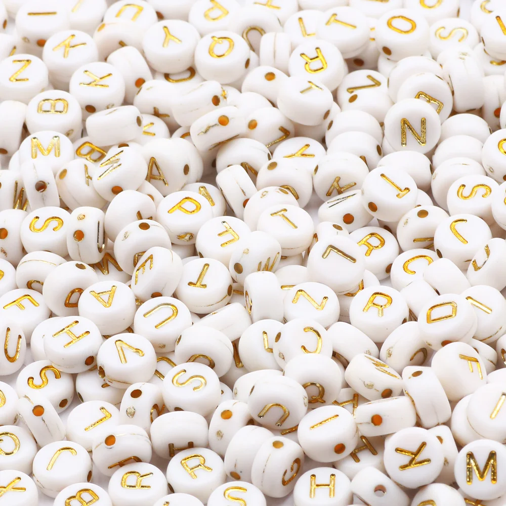 7mm White Gold Color Mix Letter Acrylic Beads Round Flat Alphabet Loose Beads For Jewelry Making Handmade Diy Bracelet Necklace