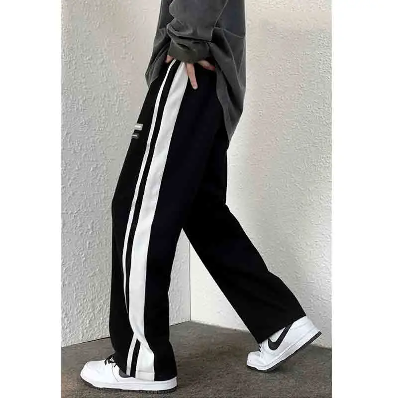Korean Autumn New Trendy Loose Sports Wide Leg Pants Men Patchwork Side Stripe Pocket Elastic Waist Drawstring Straight Trousers