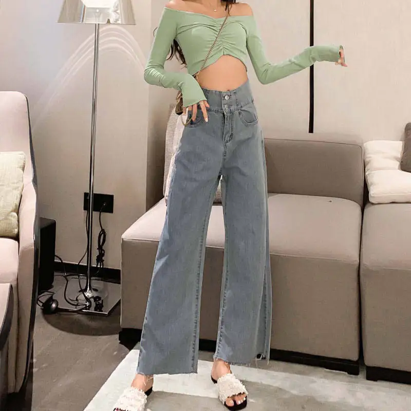 Women Mopping Long Solid Wide-leg High-waist Hollow Out Korean-style Sexy Trendy Womens Chic Slim Drape Vintage Summer New Jeans