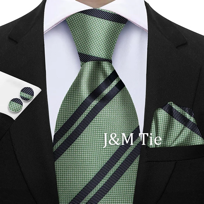 Krawatten für Männer, modisches Salbeigrünes Herren-Krawatten-Set, gestreifte Krawatte, Taschentuch, Manschettenknöpfe, 3-teilig, Business-Hochzeitsanzug, Accessoires, Geschenk – Detail 17