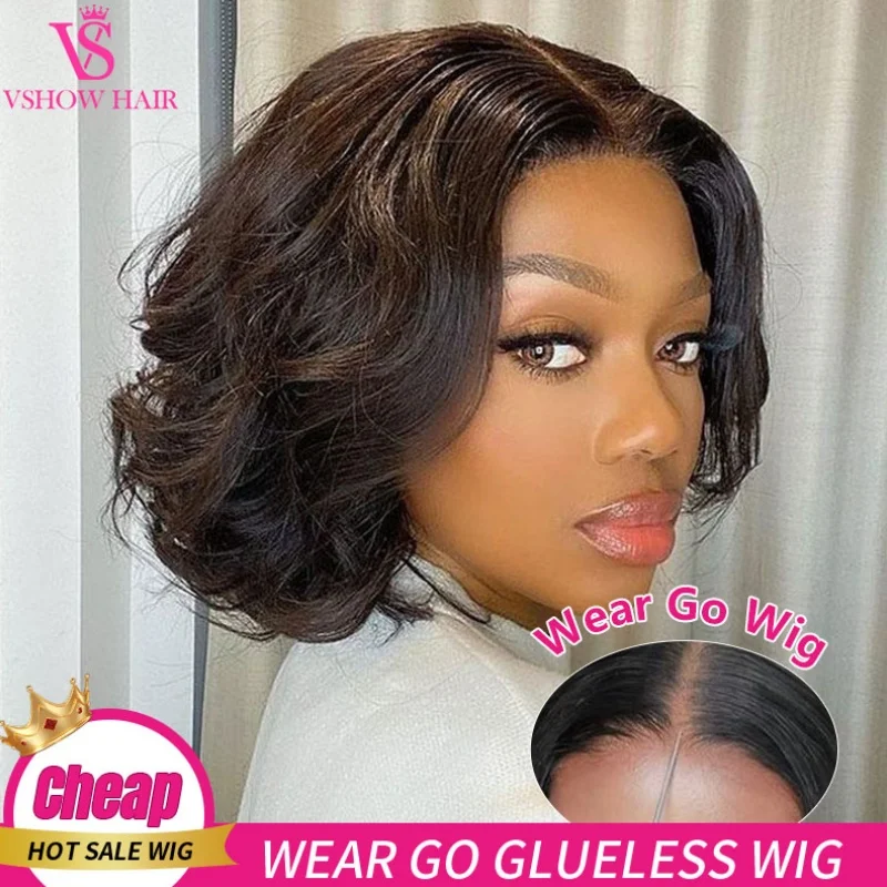 

Wear And Go Short Bob Body Wave Brazilian Human Hair Wig 4x6 HD Lace Glueless Closure Wig For Women Pre Plucked Ready To Wear