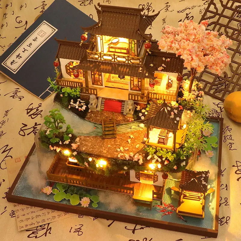 

Набор деревянных миниатюрных моделей «сделай сам», древняя китайская вилла с цветами вишни, 3D пазл, кукольный домик с подсветкой мебели, домашний декор