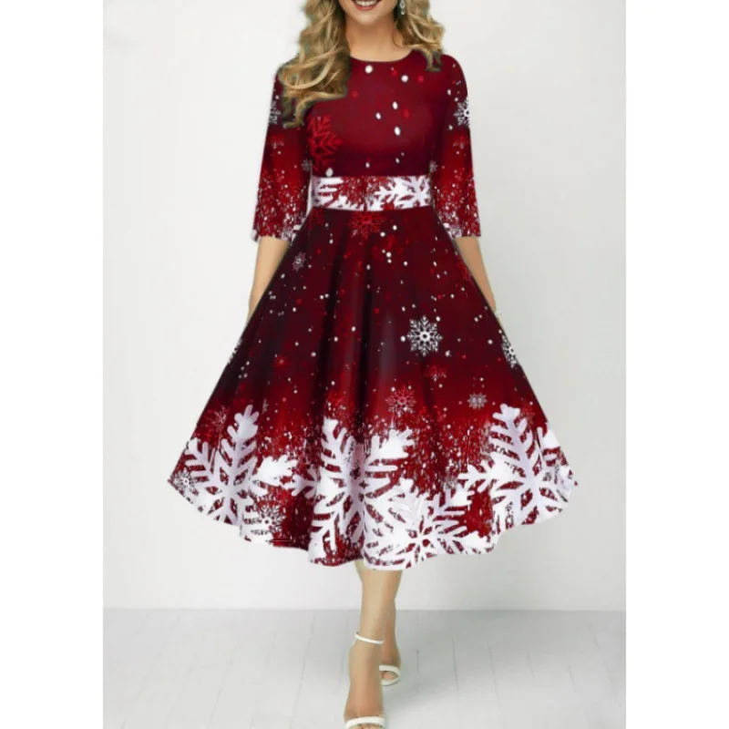 

Women's Dress Fashionable Snowflake Digital Print Waist Wrap Big Swing Dress Lady Round Neck Half Sleeve Pullover Midi Dresses