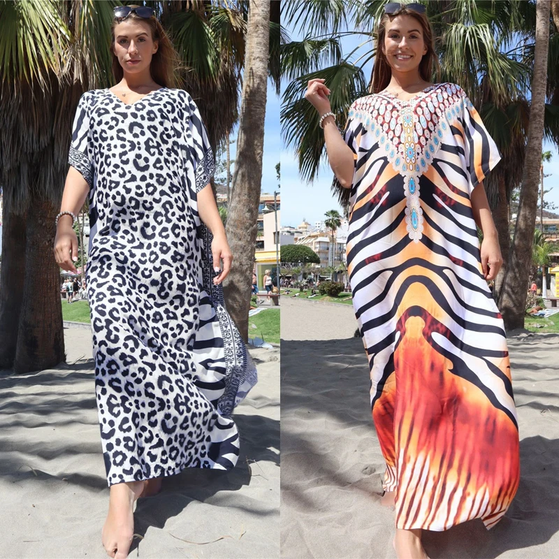9 Coloes Leopard Print Women Beach Dress Bathing Suit Cover Up Summer Tunic For Woman Beachwear Robe De Plage Kaftan