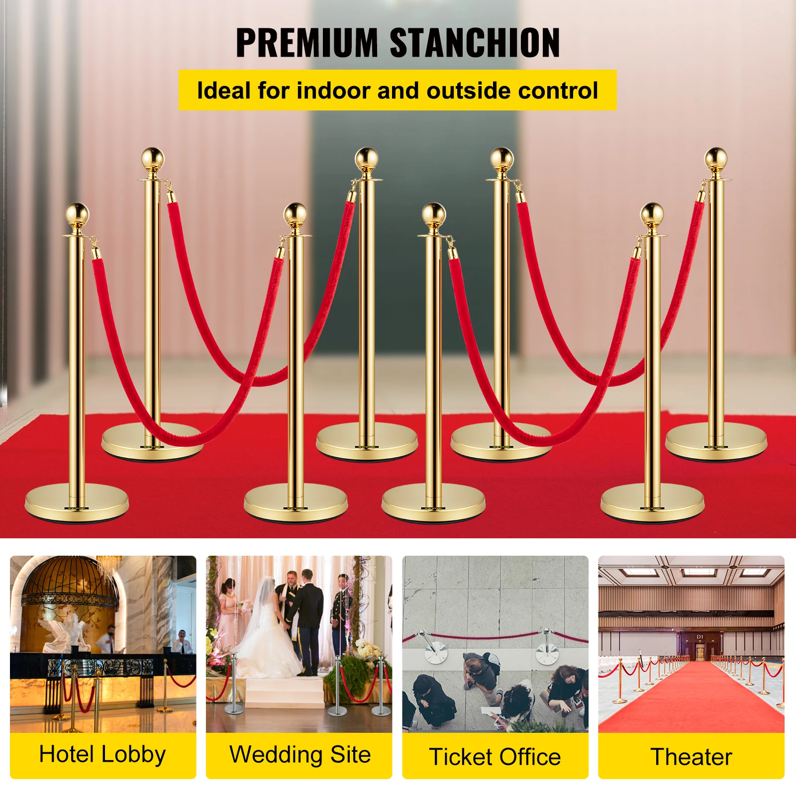VEVOR 35.4 Inch Gold Crowd Control Stanchion Posts Queue Red Velvet Rope Line Barriers with Stable Base for Stadium Museum Party