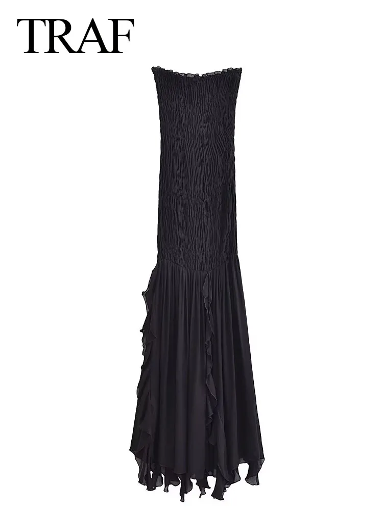 

TRAF Summer Women New Fashion Black Slim Strapless Off Shoulder Long Dress Female Vintage Evening Sexy Dresses Mujer Vestidos