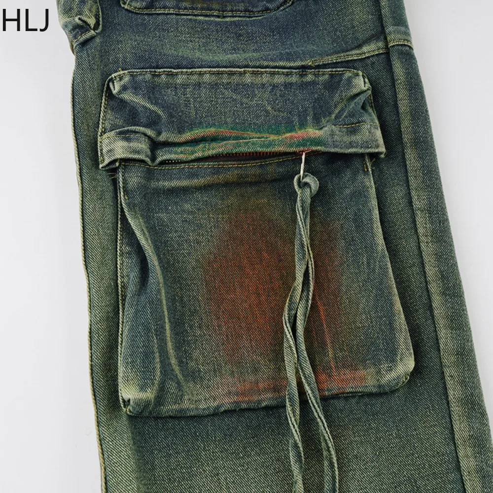 HLJ Vintage Casual Pocket Straight Denim Pants Women High Waist Button Jean Trousers Autumn Female Cowboy Matching Bottoms 2023