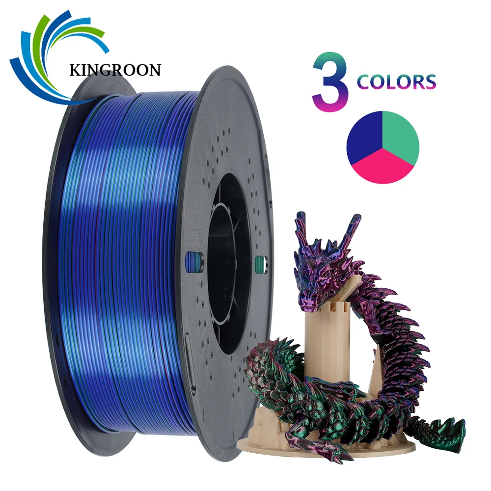 KINGROON Silk PLA Filament 1.75mm 1KG, Tricolor Dual-color 3D Printer Filament Shiny Consumable 2.2lbs Spool, For FDM 3D Printer