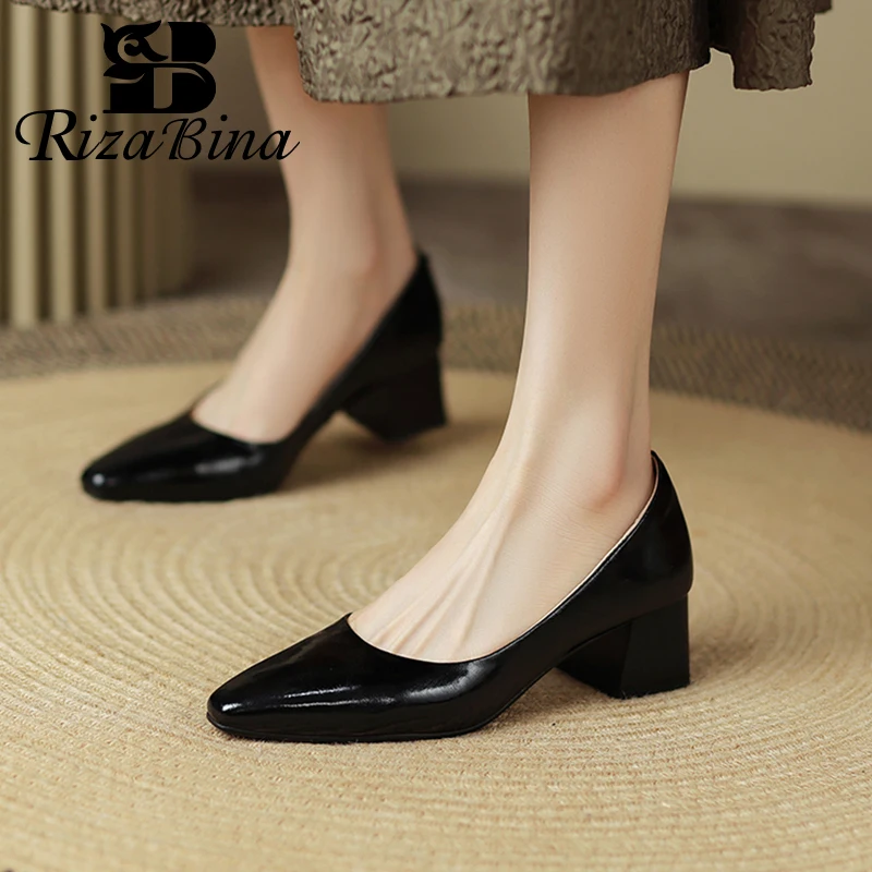 

RIZABINA Заостренные носовые насосы подлинной кожи толстый низкий каблук мягкие подошвы женщины случайные буфера офис леди обувь элегантная мода проскальзывают