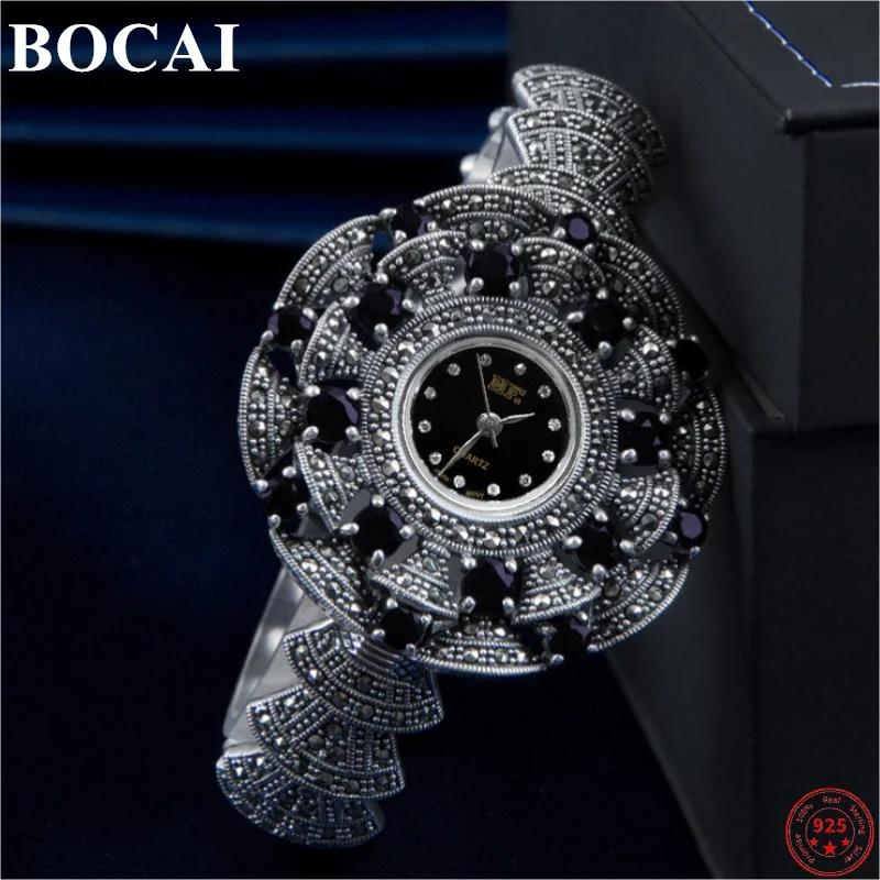 

BOCAI S925 Sterling Silver Bracelet for Women 2023 New Women's Fashion Flowers Agate Argentum Watch-strap Bangle Wrist-watch