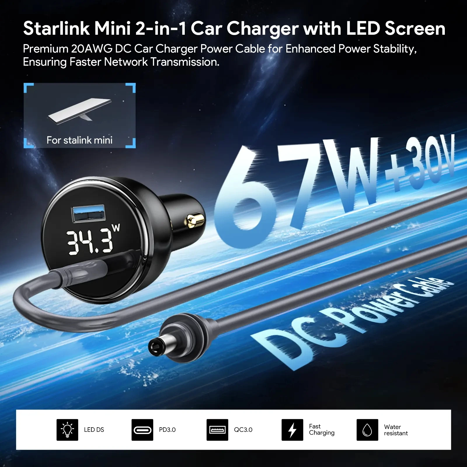 Power Cable 3M For Starlink Mini Dual USB Car Charger 12V-24V DC & Voltmeter Waterproof Cigarette Lighter Charger