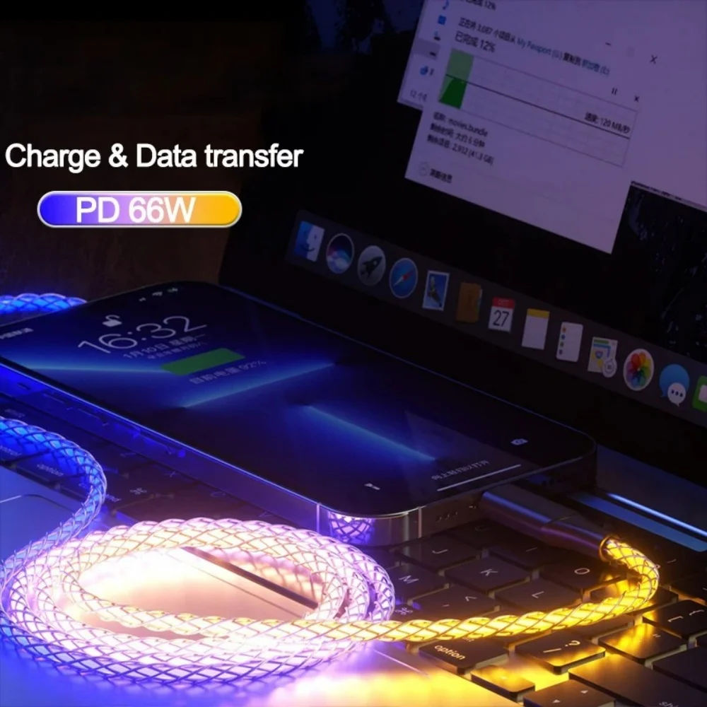 6A 66W USB 타입 C 고속 충전 케이블 RGB 브리딩 발광 그라데이션 라이트 데이터 케이블 (아이폰 17, 화웨이, 삼성 USB-C 케이블 호환)