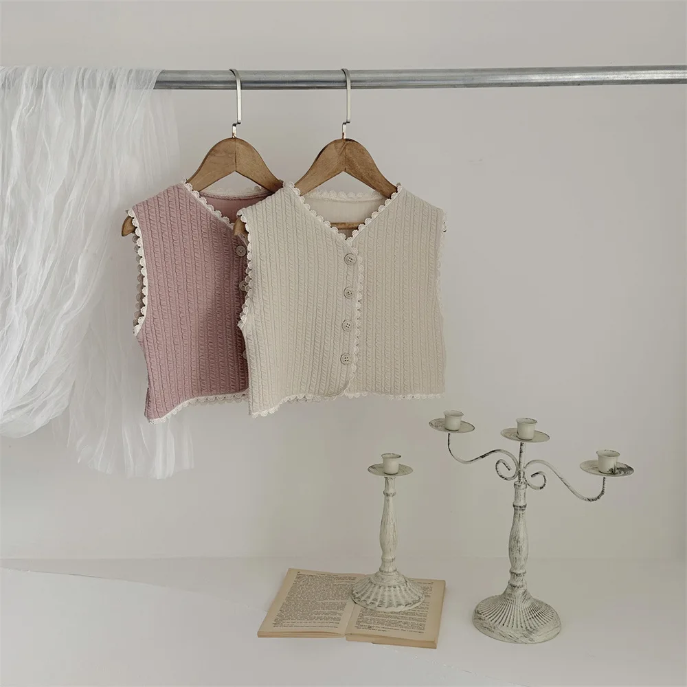 Description Picture 2 of item2025 Autumn New Baby Girl Sleeveless Vest Newborn Infant Cotton Cardigan Toddler Lace Vest Coat Baby Solid Clothes 0-24M