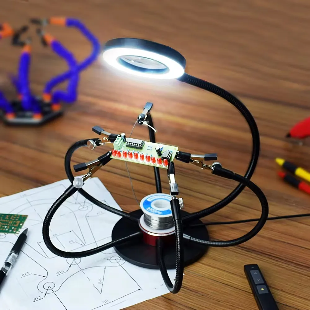 NEWACALOX Soldering Repair Helping Hands Third Hand with 3X LED Magnifying Glass 360&deg; Rotating Base PCB Holder Welding Workbench