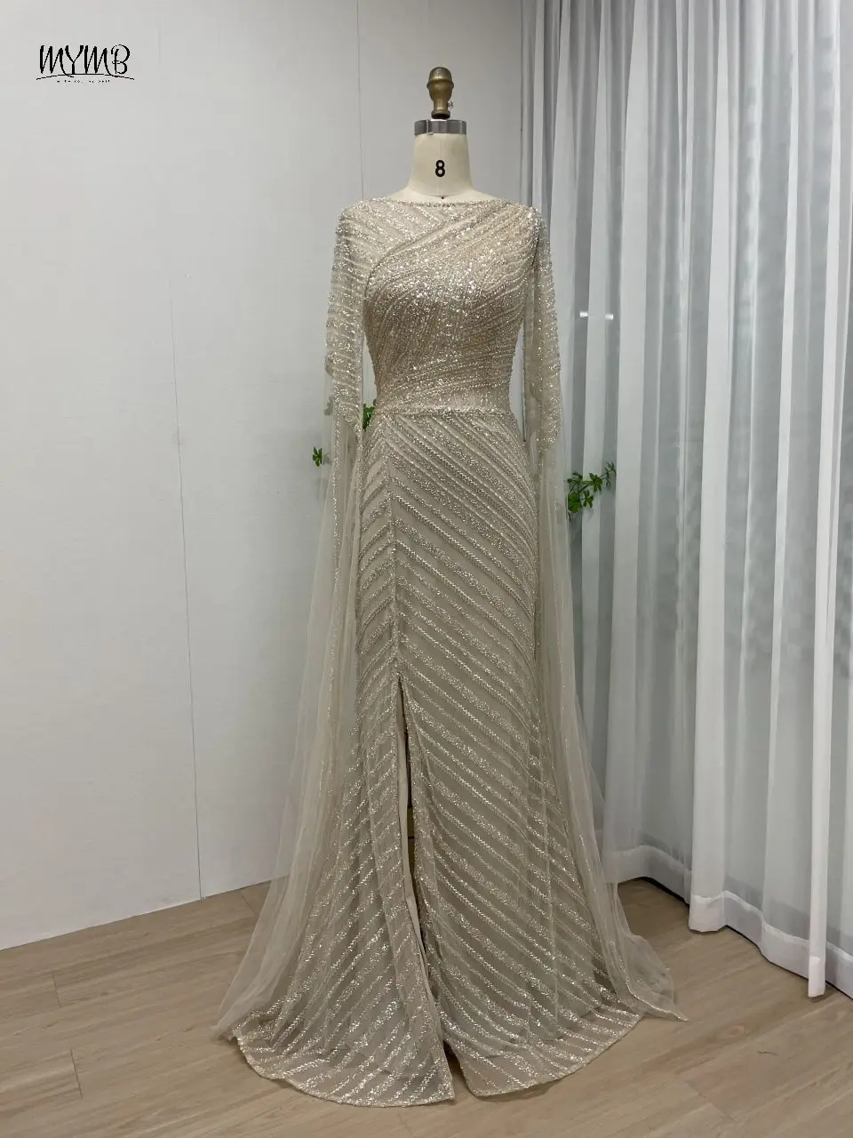 MYMB Grünes Meerjungfrau-Abendkleid mit hohem Schlitz und glitzernden Pailletten für Damen, Party, Arabisch, elegante Cape-Ärmel, HochzeitsgastkleidMB40093 – Detail 18