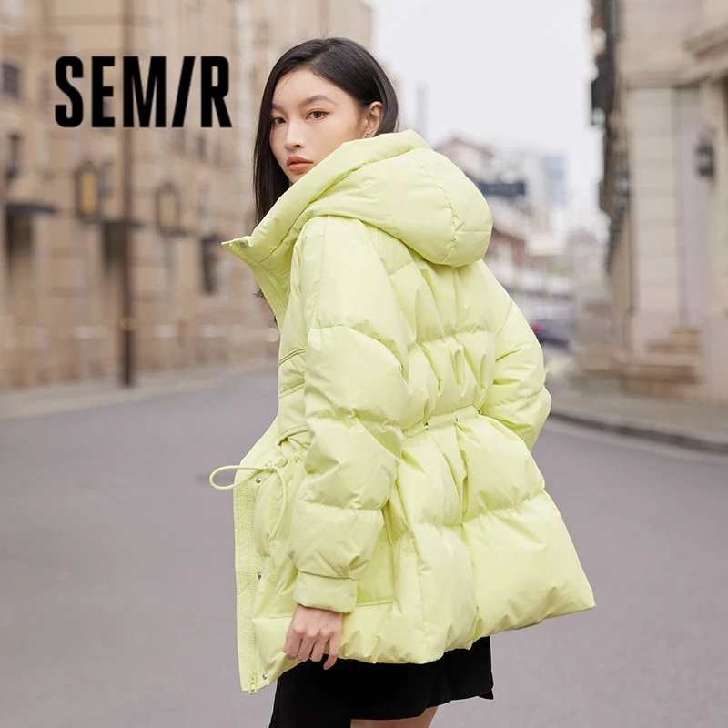 Semir Down Jacket Women Mid-Length White Duck Down Loose Drawstring Slimming 2023 Winter Waist Hooded Thick Down Jacket