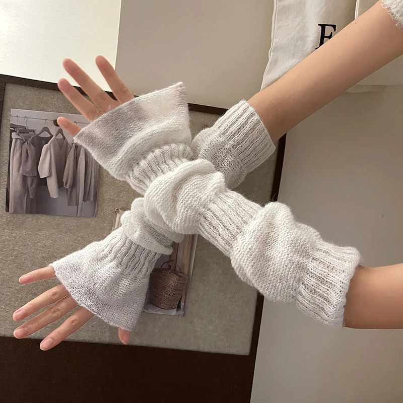 Y2K JK Lolita Gloves for Girls Sweet Thin Arm Sleeve Women Knitted Long Gloves Sleeve Fingerless Black White Punk Gothic Mittens
