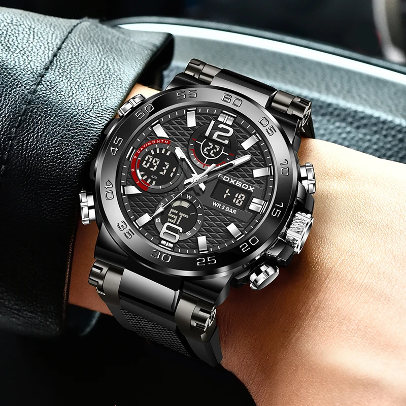 FOXBOX Men Watch Digital Sport Mens WristWatch Top Brand Luxury Military Army Silicone Band Analog LED Quartz Male Clock 2023