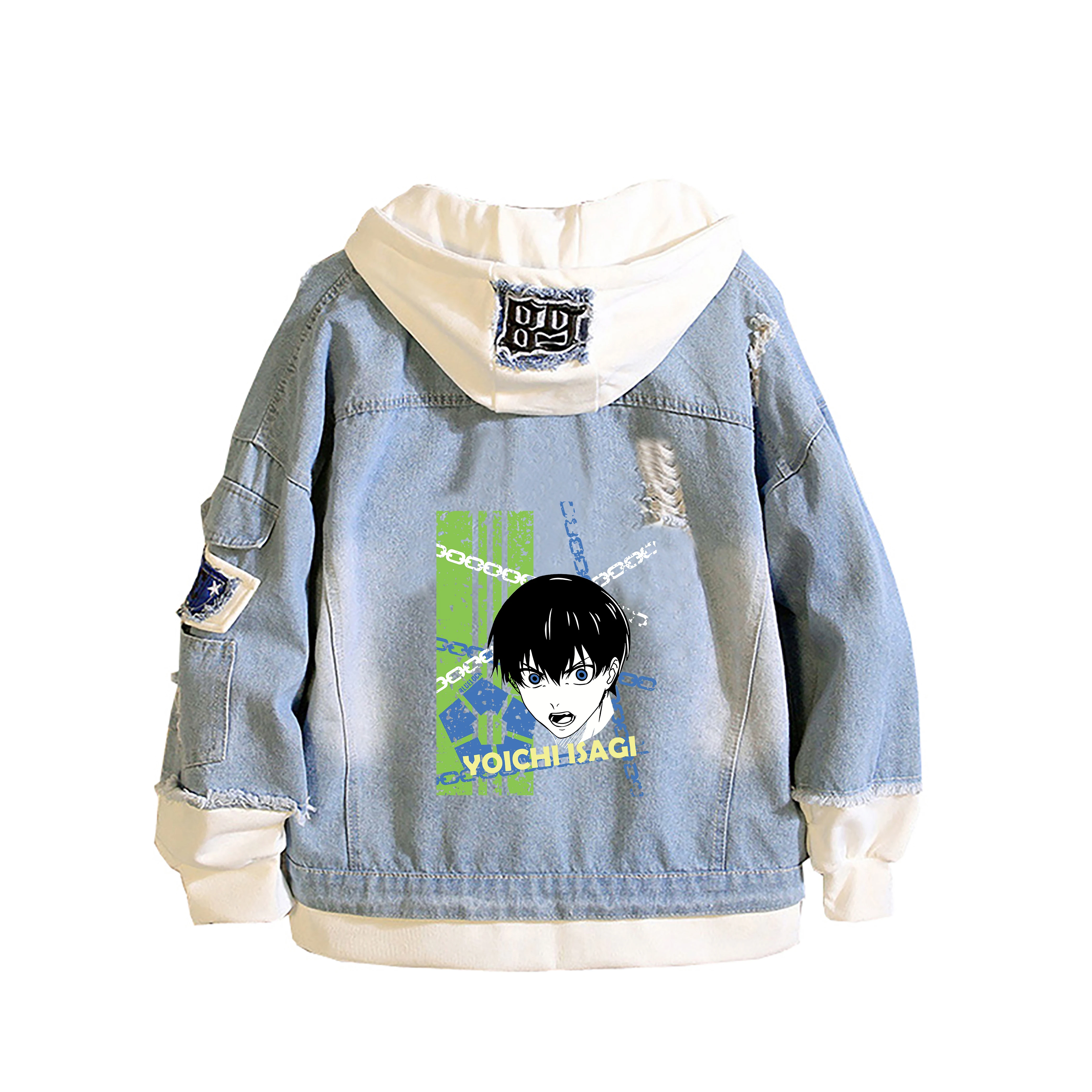 

BLUE LOCK Anime Denim Jackets Fake Two Pieces Hoodies Cartoon Jeans Sweatshirt Plus Size Harajuku Streetwear Couple Coats