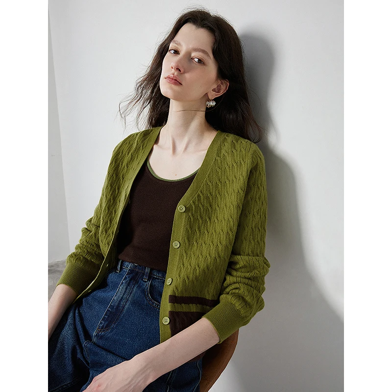 Women Knitwear Cardigan Autumn V Neck Contrast Color Single Breasted Button Knitted Sweater Cardigan Jacket