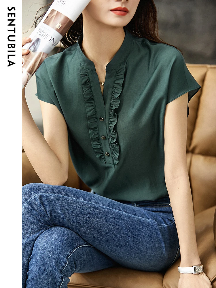 SENTUBILA Summer Blouses for Women 2024 Elegant Fashion Ruffles V Neck Straight Raglan Short Sleeve Office Lady Shirts & Blouse