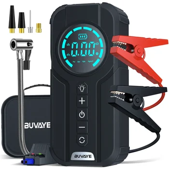 BUVAYE 10000mAh Jump Starter Power Bank con compressore d'aria e caratteristiche di illuminazione per avviamento batteria per auto e gonfiaggio dei pneumatici