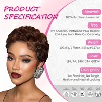 Perruque Lace Front Wig naturelle Remy, cheveux courts et bouclés, coupe Pixie, 13x4, pour femmes, chocolat 4 #   Perruques sans colle en couches ondulées avec Bang 3