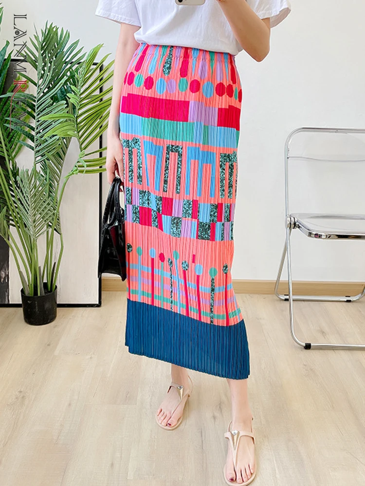 

LANMREM Pleated Skirt Printing Split Straight Women High Elastic Waist Contrast Color Fashion Style Female 2023 Autumn 2R19571